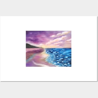 Beach Scene, Clouds, Sky, Sea, Ocean, Lavender beach, pink sky, Posters and Art